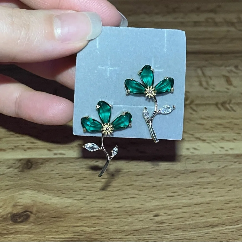 Green Flower Stem Women Earrings  14K Gold Plated